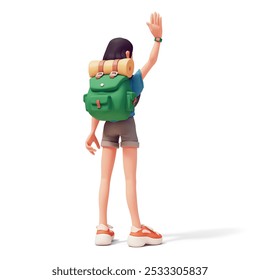 Rear view of cute kawaii funny asian girl in blue t-shirt, gray shorts with big camping green backpack and yellow mat stands waving with one hand goes out to travel. 3d render isolated white backdrop - Powered by Shutterstock