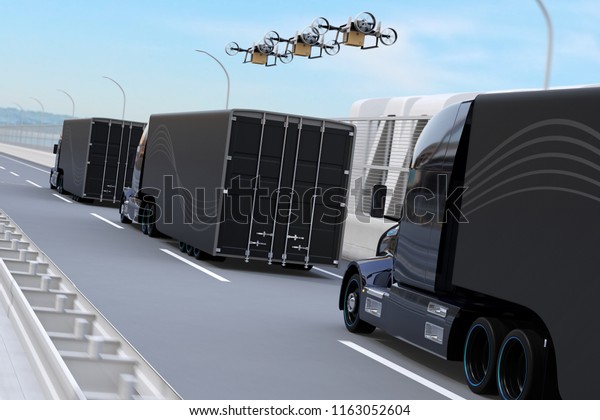 Rear view of fleet of American Trucks, cargo\
drones driving on the highway. Logistics and transportation\
concept. 3D rendering\
image.