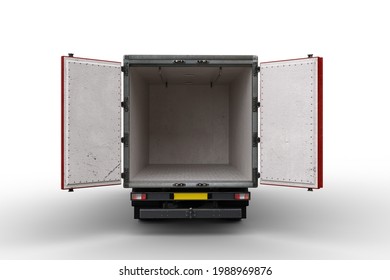 Rear View Of A Light Commercial Truck With Rear Doors Open Showing Empty Container Box. 3D Illustration Isolated On A White Background.