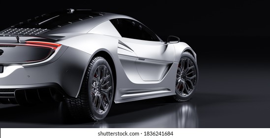 Rückansicht des modernen schnellen Sportwagens im Studiolicht. Brandloser zeitgenössischer Stil. 3D-Illustration