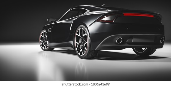 Rear View Of Modern Fast Sports Car In Studio Light. Brandless Contemporary Style. 3D Illustration