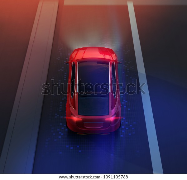 Rear view\
of red SUV driving on the road with graphic mesh pattern retouched.\
night traffic.  3D rendering\
image.