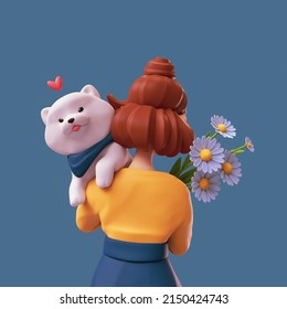 Rear view of red-haired girl wears blue pants, yellow t-shirt holds a kawaii fluffy playful white puppy lies on her shoulder. Bouquet of large daisies. Animal, nature lover. 3d render in minimal style