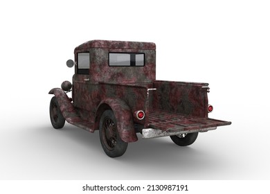 Rear View Of Rusty Old Vintage Pickup Truck With Tailgate Down. 3D Illustration Isolated On White Background.