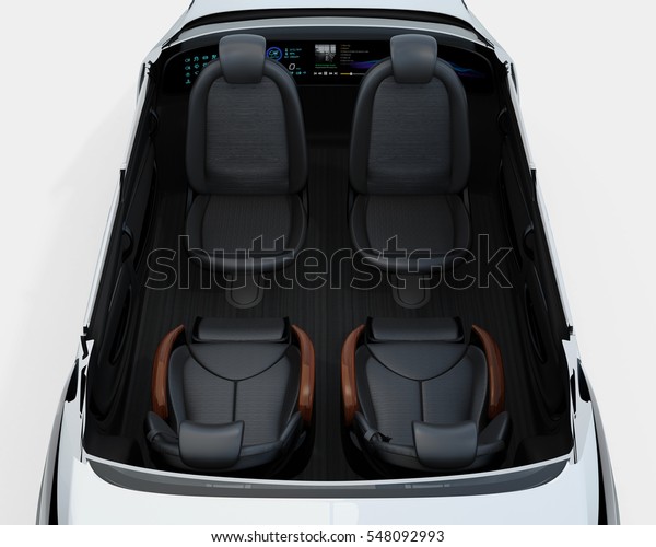 Rear view of self-driving\
car cutaway image. Front seats turn to backward, and the rear seats\
have gorgeous reclining massage function. 3D rendering\
image.