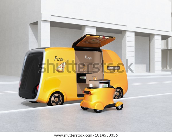 Rear view of
self-driving pizza delivery parking side of road. Last one mile
concept. 3D rendering
image.