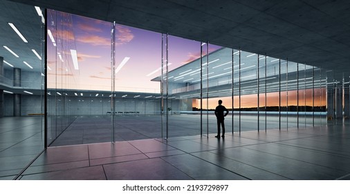 Rear View Of Successful Businessman Looking The Sky From His Office ,early Morning Scene. Realistic 3d Rendering