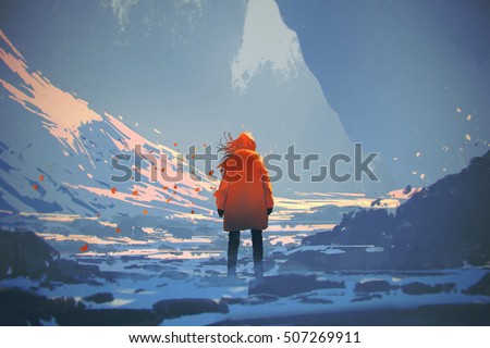 rear view of woman with orange warm jacket standing in winter landscape,illustration painting