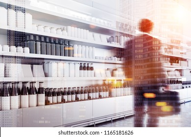 Rear view of young businessman walking along row of store shelves with mock up bottles and boxes. Concept of marketing and consumption. 3d rendering mock up toned image double exposure city - Powered by Shutterstock