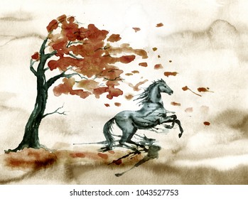 Rearing Up Horse With Ink Or Watercolor Blots Stains And Autumn Tree With Fall Leaves. Old Dirty Grunge Hand Painting Art Of Stallion Silhouette. England Equestrian Fox Hunting Vintage Style.