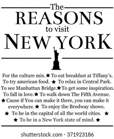 The reasons to visit New York. Motivational illustration in modern style.