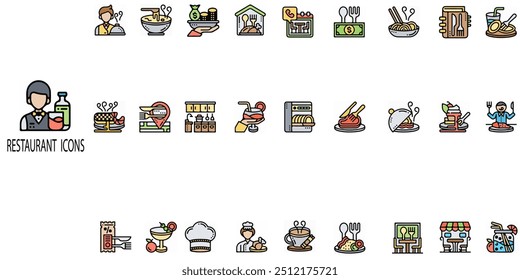 Reastaurant simple concept 27 colour icons set.Contain such fork, spoon, knife, plate, cloche, tray, chef hat, beverage, food, dining table, and waiter.Vector illustration. - Powered by Shutterstock