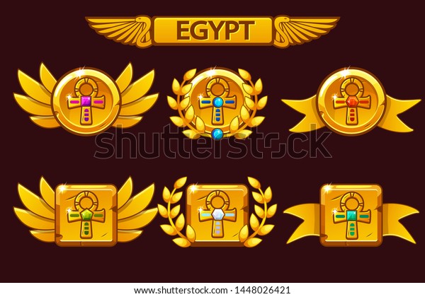 Receiving the cartoon game achievement. Egyptian awards with Golden Cross Ankh symbol. For game, user interface, banner, application, interface, slots, game development. Similar JPG copy