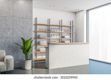 Reception area of modern spa interior with the grey tiling wall, sofa and green plant to the left. Shelf with bathware behind the desk. Panoramic view in white and concrete floor. 3d rendering