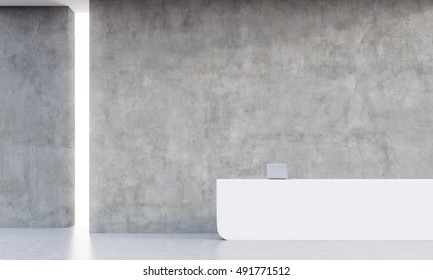 Reception Desk In Empty Office With Concrete Walls And Laptop On The Table. Concept Of Apocalypse. 3d Rendering, Mockup