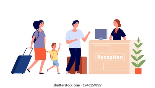 Reception Desk. Hotel Area, Travel Family And Receptionist. Man Woman Guest In Lobby. Check In, Accommodation Services Illustration