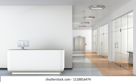 Reception Desk In Interior Of Empty Business Office Lobby. 3d Illustration