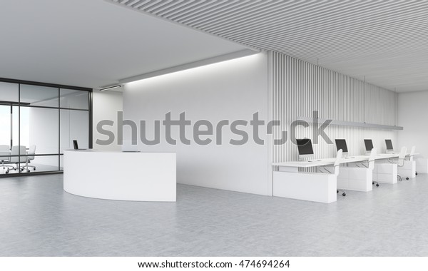 ロビーの受付 背景に会議室とオフィスエリア 現代のオフィスのコンセプト 3dレンダリング モックアップ のイラスト素材