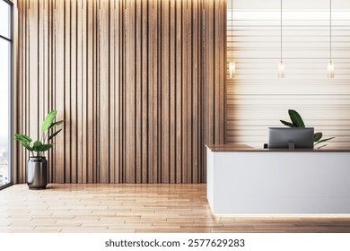 Reception desk in a modern office interior with sleek wooden panel walls, potted plants, and pendant lighting. Concept of workspace design. 3D Rendering.