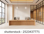 Reception desk in a modern office with a wooden design, large windows, and minimalist decor. Two computers on the desk. Bright and professional workspace. 3D Rendering