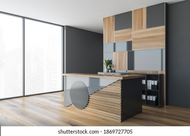 Reception Desk In Wooden And Grey Empty Office Room, Side View. Minimalist Reception Wooden Desk With Plants Near Window, 3D Rendering No People 