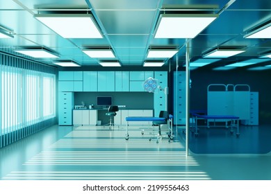 Reception Of Doctor In Hospital. Hospital Reception Corridor. Privat Hospital, Clinical Or Medical Practice Waiting Room - With Empty Chairs. 3D Image