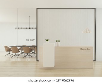 Reception With Empty White Wall For Logo Mock Up Design.Meeting Room In Background.3d Rendering