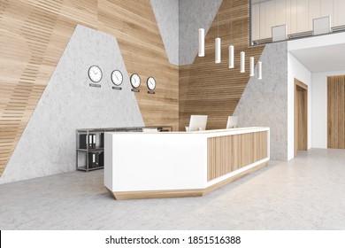 Reception Hall Desk With Computers. Two Floors Lobby Open Space Business Room, Wooden Walls And Marble Floor, Pendant Lamps, No People 3D Rendering 