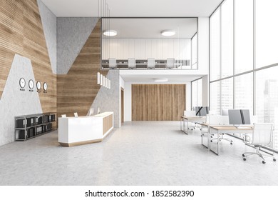 Reception Hall With Desk And Tables With Computers Near Big Window, Business Centre With Skyscrapers. Two Floors In Lobby Room, Wooden Walls And Marble Floor 3D Rendering, No People