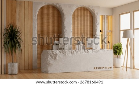 Reception interior featuring a white stone counter, wooden wall accents, and minimalist decor- 3D rendering