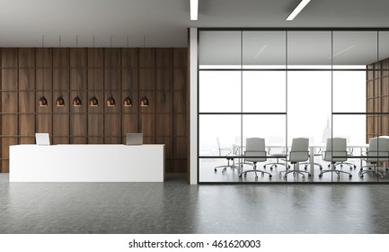 Reception in modern office interior in New York. Large table with laptops, several lamps above it. Conference room by side. Wooden wall. Concept of business negotiations. 3d rendering.