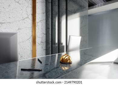 Reception Table. Modern Office Interior With White And Dark Marble Walls And Reception Desk. Modern Design, Luxury Style, Mockup, Mock Up, 3D Render, 3D Illustration