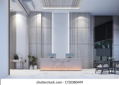 Reception Waiting Area Lobby With Wall Decorate Sales Gallery On White Marble Floor And Table With Chair 3d Rendering
