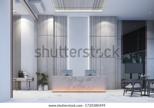 Reception waiting\
area lobby with wall decorate sales gallery on white marble floor\
and table with chair 3d\
rendering