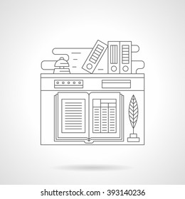 Receptionist Workplace. Open Guest Book And Feather-pen, Bell And Folders. Hotel Services. Tourism And Travel.  Single Detailed Flat Line Icon. Web Design Elements For Business, Site, Mobile. 