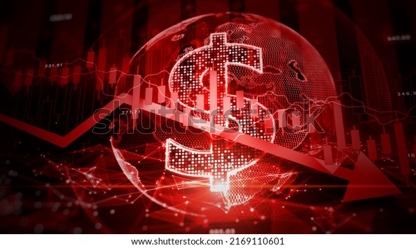 Recession global market crisis stock red price\
drop arrow down chart fall, Stock market exchange analysis business\
and finance, Money losing inflation deflation, Investment loss\
crash, 3d\
rendering