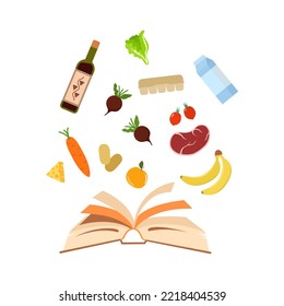 recipe book and food falling into it. concept of a collection of tips on proper nutrition and food preparation, training and cooking courses, show of food. flat style. simple sign on white background - Powered by Shutterstock