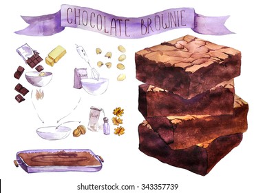 Recipe Of Of Chocolate Brownie  Drawing By Watercolor, Hand Drawn Artistic Painting Illustration, Aquarelle Dessert