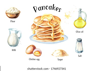 Recipe for pancakes with ingredients. Hand drawn watercolor illustration isolated on white background