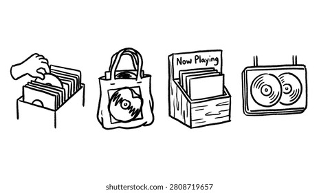 Record player bag display drawer and radio objects sketched in rough retro doodle style.