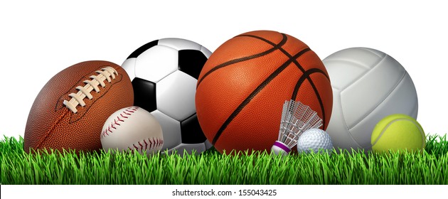 Recreation leisure sports equipment on grass with a football basketball baseball golf soccer tennis ball volleyball and badminton birdie as a symbol of healthy physical activity isolated on white.