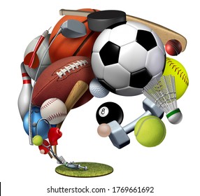 Recreation Sports And Leisure Equipment On Grass With A Football Basketball Baseball Golf Soccer Tennis Ball Volleyball And Badminton Isolated On A White Background With 3D Illustration Elements.