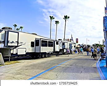 Recreational Vehicle RV Show Pedestrian Road Between RVs For Sale With People Looking To Buy