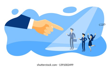 Recruiter concept. Idea of choosing a candidate to hire. Man standing in the spot of light and giant hand pointing at him. Human resources management. Flat  illustration - Shutterstock ID 1391002499
