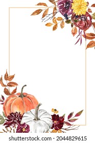 Rectangle corner border with fall flowers, leaves and pumpkins, with space for text. Fall themed frame, invitation template. Watercolor autumn illustration.