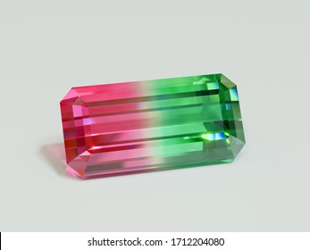 Rectangle dual colored tourmaline on white background. 3d illustration