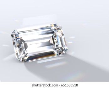 Rectangle emerald cut diamond on light blue background, back highlighted to throw a shadow ahead, with reflected rays, rainbow refraction caustics. Close-up view. 3D rendering illustration