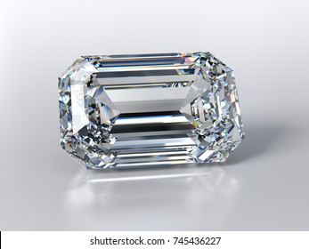 Rectangle emerald cut diamond on glossy white background, with slight reflection, shadow. Close-up front view, 3D rendering illustration
