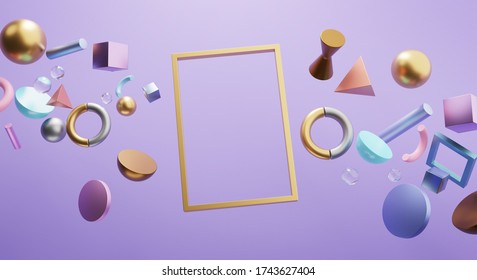 Rectangle Gold Frame. Blank Space Banner On Purple Background. Stylish 3D Rendering Object 