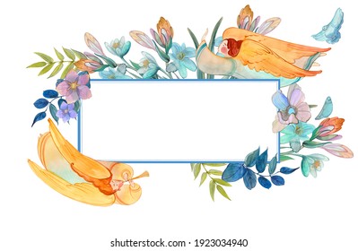 Rectangular Asymmetric Frame With Angels And Flowers. Hand Drawn Watercolor. Easter Card, Christian Greetings, Birthday Card, Wedding Frame, Celebration, Valentine's Day